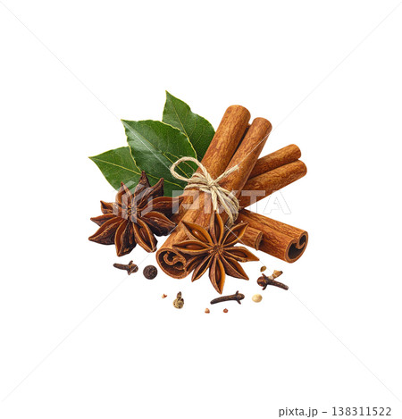 The fragrant star anise and cinnamon create a brown spice embellishment on a white background. The fragrant star anise and cinnamon create a brown spice embellishment on a white background. 138311522