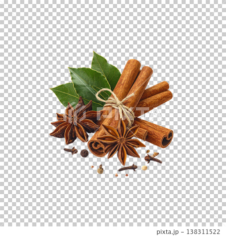 The fragrant star anise and cinnamon create a brown spice embellishment on a white background. 138311522