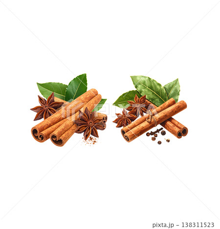 The fragrant star anise and cinnamon create a brown spice embellishment on a white background. The fragrant star anise and cinnamon create a brown spice embellishment on a white background. 138311523