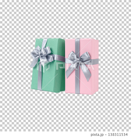 A pink gift box tied with a silk ribbon is placed on a white background. 138311534