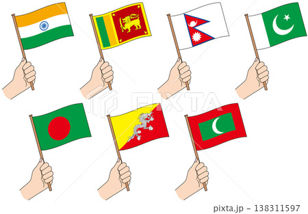 南アジア7カ国の国旗セット 手持ちフラッグイラスト 138311597