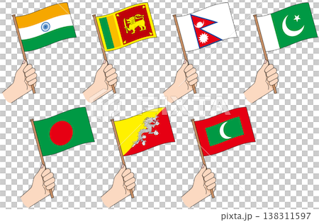 南アジア7カ国の国旗セット 手持ちフラッグイラスト 138311597