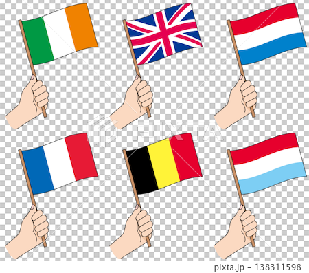北西ヨーロッパ6カ国の国旗セット 手持ちフラッグイラスト 138311598