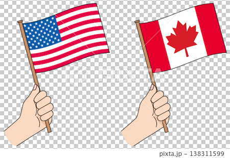 American and Canadian flags, handheld flag illustration American and Canadian flags, handheld flag illustration 138311599