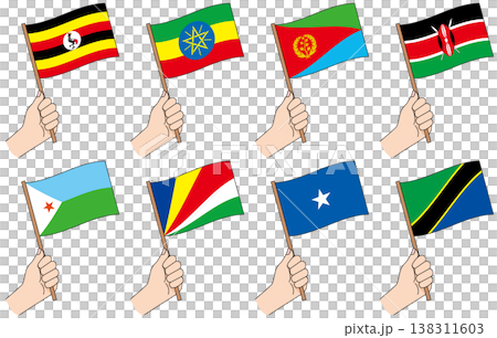 一手拿著一組東非國旗的插圖。 138311603