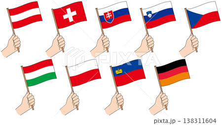 中欧・中央ヨーロッパの国旗セットを掲げる手のイラスト 中欧・中央ヨーロッパの国旗セットを掲げる手のイラスト 138311604