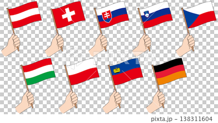 一手拿著一組中歐國家的國旗。 138311604