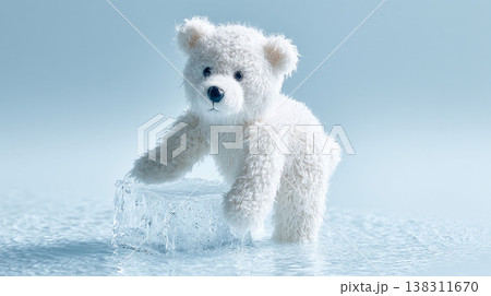 溶けた氷の上から落ちるシロクマのぬいぐるみ 138311670