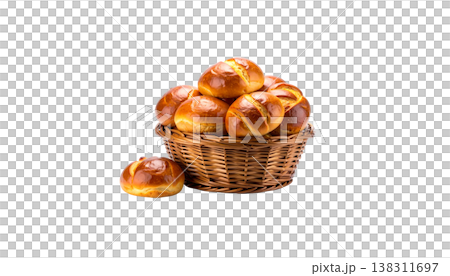 A close-up image of freshly baked wheat bread and sweet pastries in a brown basket. 138311697