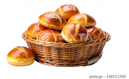 A close-up image of freshly baked wheat bread and sweet pastries in a brown basket. A close-up image of freshly baked wheat bread and sweet pastries in a brown basket. 138311700