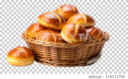 A close-up image of freshly baked wheat bread and sweet pastries in a brown basket. A close-up image of freshly baked wheat bread and sweet pastries in a brown basket. 138311700