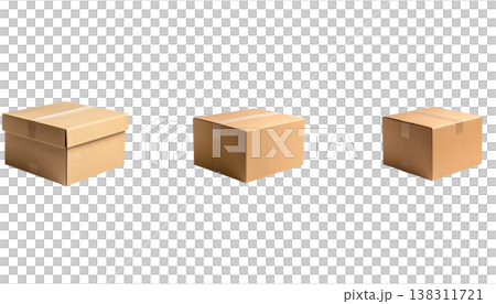 Open and closed brown cardboard boxes, and empty cardboard boxes for shipping or sorting, are displayed against a white background. Open and closed brown cardboard boxes, and empty cardboard boxes for shipping or sorting, are displayed against a white background. 138311721