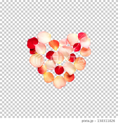Red heart-shaped rose petals on a white background. 138311826
