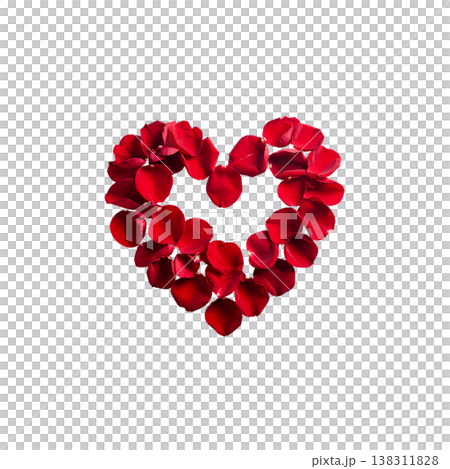 Red heart-shaped rose petals on a white background. 138311828