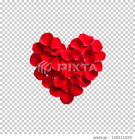 Red heart-shaped rose petals on a white background. 138311829