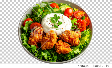 A delicious fresh vegetable salad with grilled chicken and red peppers on a white background. A delicious fresh vegetable salad with grilled chicken and red peppers on a white background. 138312019