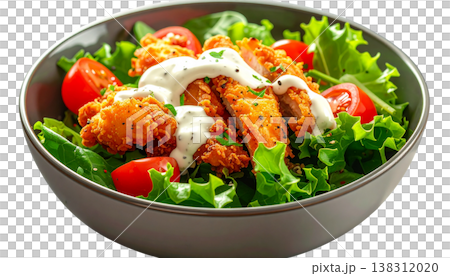 A delicious fresh vegetable salad with grilled chicken and red peppers on a white background. A delicious fresh vegetable salad with grilled chicken and red peppers on a white background. 138312020