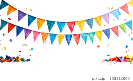 An illustration of ribbons and colorful confetti on a white background An illustration of ribbons and colorful confetti on a white background 138312060