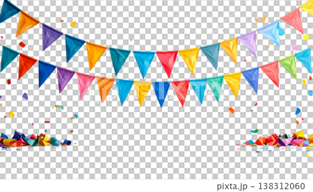 An illustration of ribbons and colorful confetti on a white background An illustration of ribbons and colorful confetti on a white background 138312060