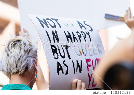 Protest sign with message at pride parade 138312158