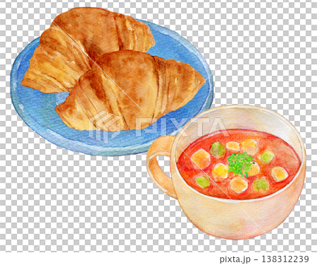 水彩插畫，手繪插畫，麵包和湯套裝 138312239