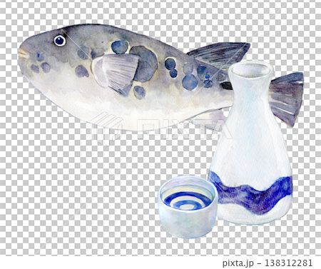 水彩插畫，手繪插畫，河豚鰭清酒 138312281