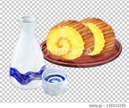 水彩插畫,手繪插畫:伊達捲(蛋捲)與日本清酒 水彩插畫,手繪插畫:伊達捲(蛋捲)與日本清酒 138312293