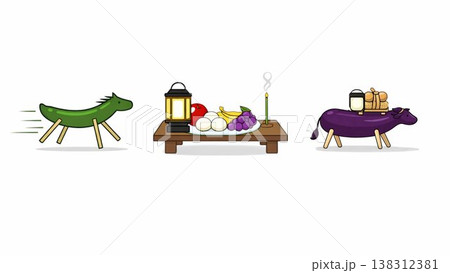 精霊馬と精霊牛の迎え送り盆 時系列ストーリー構図（中央に現世のお供え盆） 138312381