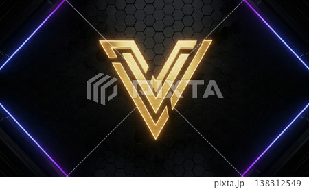 Neon Letter V with Golden Glow on Dark Tech Background Neon Letter V with Golden Glow on Dark Tech Background 138312549