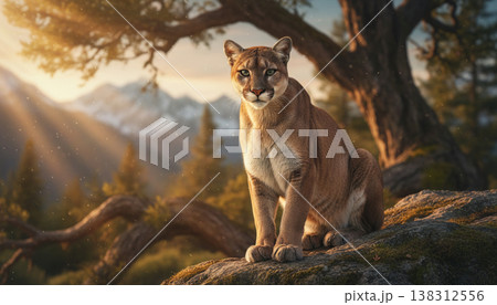 Cougar Sitting on Tree Branch in Forest with Golden Sunset Light 138312556