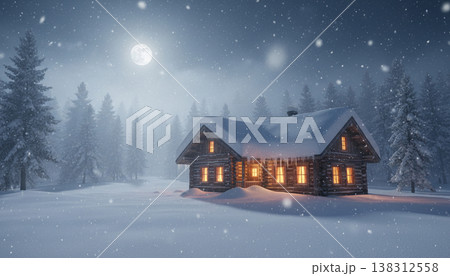 Cozy Wooden Cabin in Snowy Winter Forest at Night with Warm Lights 138312558