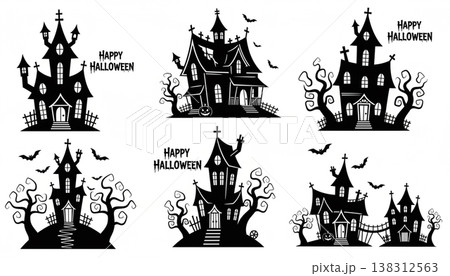Halloween Haunted Houses Silhouette Collection on White Background 138312563
