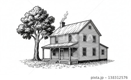 Hand Drawn Vintage House with Tree Architectural Sketch Hand Drawn Vintage House with Tree Architectural Sketch 138312576