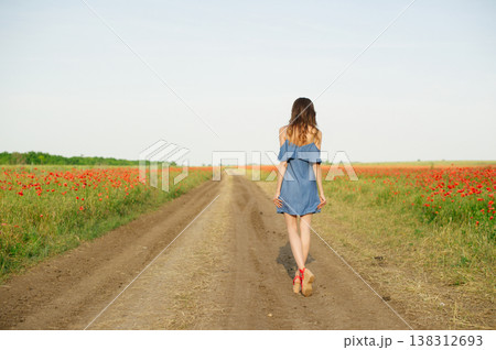 A woman in a blue dress and red sandals walks away on a country road between blooming poppy fields. A woman in a blue dress and red sandals walks away on a country road between blooming poppy fields. 138312693