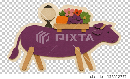 以茄子為原型創作的靈牛(茄子)和供奉蔬菜的工藝插畫 以茄子為原型創作的靈牛(茄子)和供奉蔬菜的工藝插畫 138312771