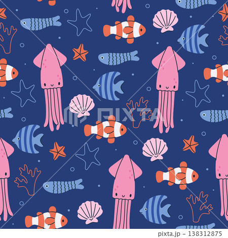 Seamless pattern with funny sea animals on a blue background. Vector graphics. Seamless pattern with funny sea animals on a blue background. Vector graphics. 138312875