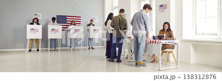 Banner with group of diverse Americans voting in polling booths at election station 138312876