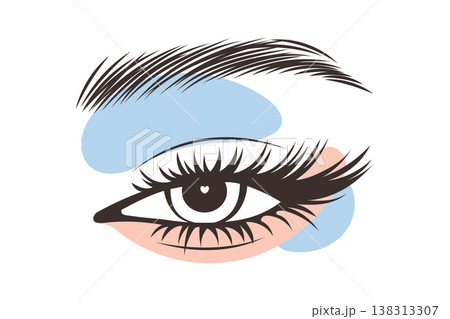 Woman eye with long eyelashes and eyebrow. Abstract eye makeup. Fashion illustration. Woman eye with long eyelashes and eyebrow. Abstract eye makeup. Fashion illustration. 138313307