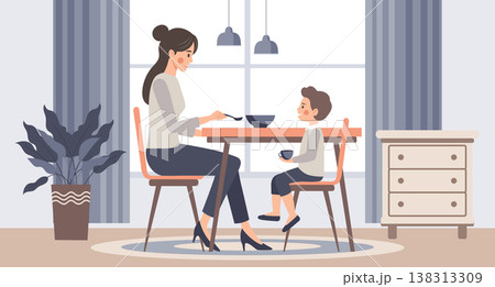 Mother and child sitting at the dining table. Mother feeding son at home. Lifestyle illustration. 138313309