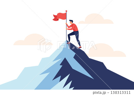 Man planting flag on mountain peak. Success and achievement concept illustration. 138313311