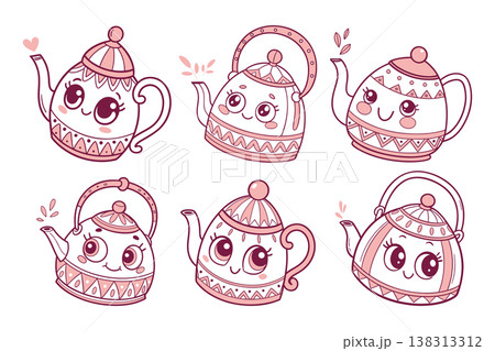 Hand drawn cute kawaii teapots and kettles collection. Doodle illustration. Kawaii characters set. 138313312