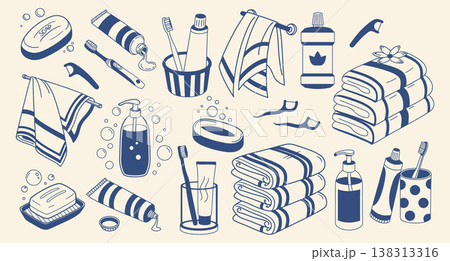 Hand drawn bathroom hygiene and personal care items set. Soap, toothbrush, toothpaste, dispenser and towels. Minimal blue line set for skincare packaging. Hand drawn bathroom hygiene and personal care items set. Soap, toothbrush, toothpaste, dispenser and towels. Minimal blue line set for skincare packaging. 138313316