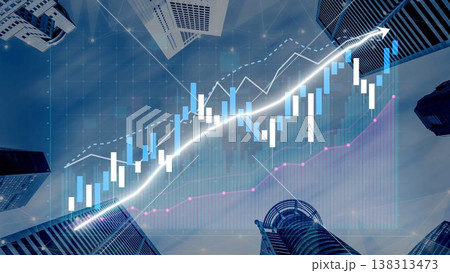 Aerial View of Urban Business District with Financial Graphs and Data Trendlines Representing Growth and Market Analysis Copula 138313473