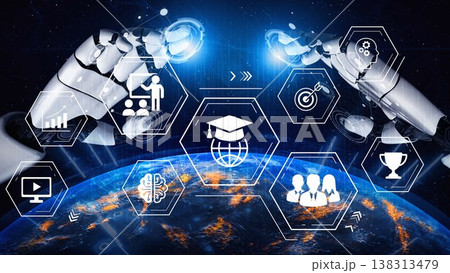 Futuristic Digital Interaction Between Human and AI with Global Connections and Learning Icons Over a High-Tech Earth Background Gluon 138313479