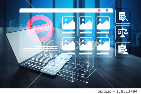 Digital representation of copyright protection in the context of content management and legal considerations in technology-oriented workspace. Ledger Digital representation of copyright protection in the context of content management and legal considerations in technology-oriented workspace. Ledger 138313494