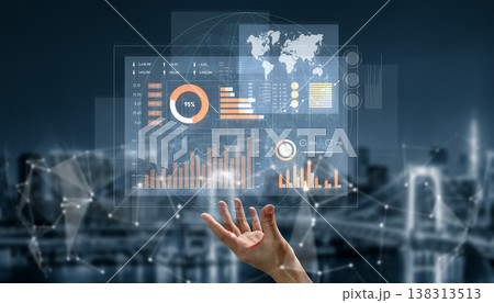 Futuristic Data Analysis Interface Displaying Global Metrics and Graphs Representing Business Growth and Technology Insights in Digital Format Scalp 138313513