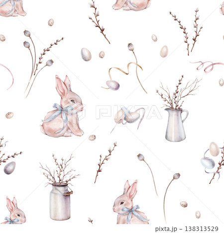Watercolor seamless pattern with easter bunny with bow and quail and colors eggs. Repeat pattern pastel color with willow and easter cake. Tender hand drawn illustration of isolated. For Easter design Watercolor seamless pattern with easter bunny with bow and quail and colors eggs. Repeat pattern pastel color with willow and easter cake. Tender hand drawn illustration of isolated. For Easter design 138313529