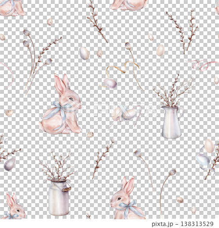 Watercolor seamless pattern with easter bunny with bow and quail and colors eggs. Repeat pattern pastel color with willow and easter cake. Tender hand drawn illustration of isolated. For Easter design Watercolor seamless pattern with easter bunny with bow and quail and colors eggs. Repeat pattern pastel color with willow and easter cake. Tender hand drawn illustration of isolated. For Easter design 138313529