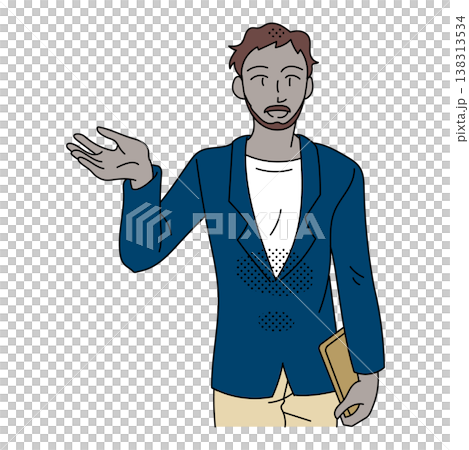 An illustration of a businessman using hand gestures to explain or convey information. 138313534