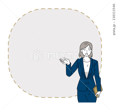説明や案内をするビジネスウーマンのフレームイラストコピースペース付き 138313540
